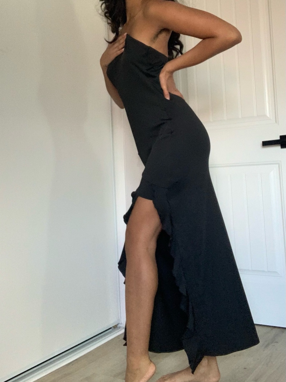 Black Ruffle Side-Slit Slip Dress